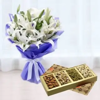 Box of assorted dryfruits with Bunch of asiatic lilies 