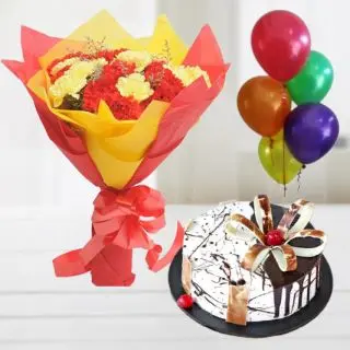Beautiful Bunch of 20 red and yellow carnations with chocovanilla cake with 5 blown balloons