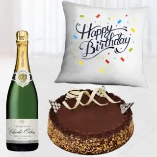 Bottle of champagne , half kg chocolate walnut cake with photo cushion 