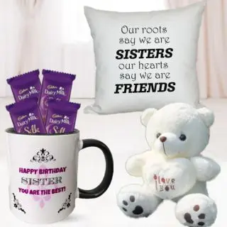 photo cushion, 1 feet height teddybear , photo  mug with 4 dairy milk silk 