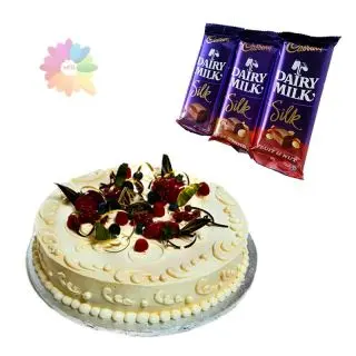 vanilla fresh cream cake with 3 dairy milk silk chocolates 