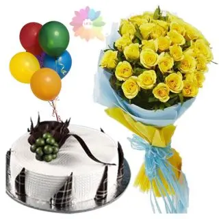 vanilla fresh cream cake with bunch of 25 yellow roses with 5 blown balloons