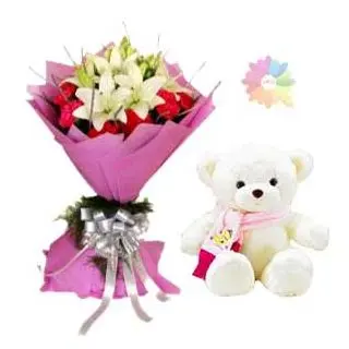 Bunch of Exotic lilies and carnation with 1 feet height  teddybear
