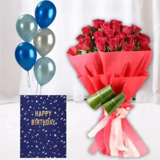 Bunch of 20 red roses ,5 bunch of mix color balloons with birthday card