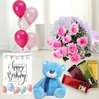10 pink roses bunch ,  6 inch teddybear , set of 4 temptations chocolates, birthday greeting card with 5 blown balloons  