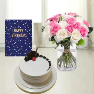 20 pink and white roses in glass vase, vanilla cool cake, birthday Greeting card 