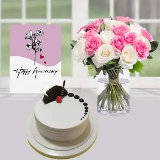 20 pink and white roses in glass vase, vanilla cool cake, anniversary Greeting card 