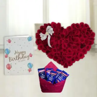Heart shape  arrangement of 100 red roses, pack of 5 dairy milk chocolates, birthday greeting card  