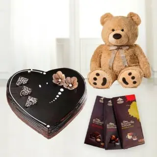  Heart shape chocolate truffle cake with 6 inch height teddybear with set of 3 bournville chocolates 