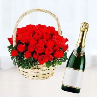 Basket of 50 red roses with Bottle of champegne