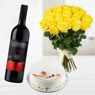 bunch of 12 yellow roses with vanilla cake with bottle of red wine