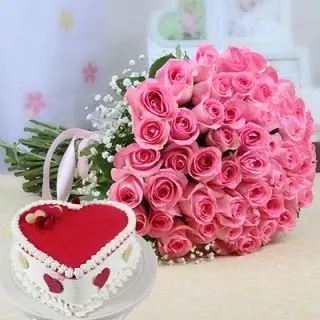 50 pink Roses arrangement with 1 pound fresh cream cake