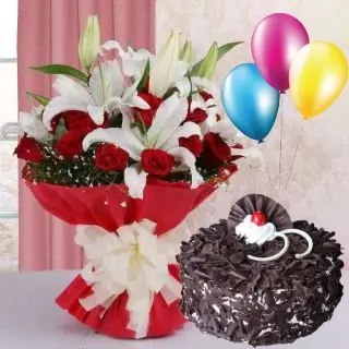 Bunch of red roses & white lilies  with chocovanilla cake with 3 blown balloons