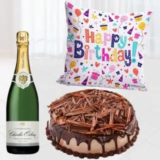 Bottle of champagne , half kg chocolate cheese cake with photo cushion 