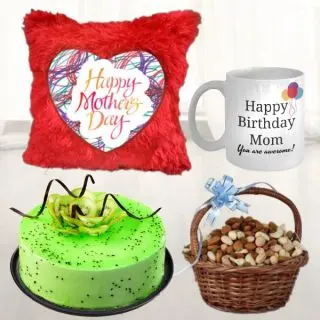 Half kg premium quality kiwi cake, Basket of assorted dry fruits, photo mug with photo cushion