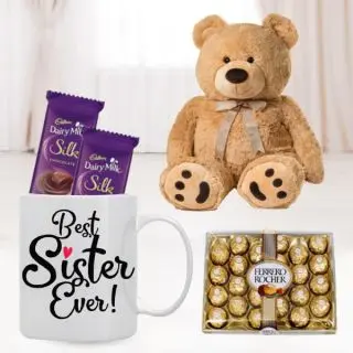 photo mug with 2 dairy milk silk , 24 pcs Ferrero rocher chocolates, 1 feet height teddy bear 