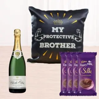 Bottle of champagne, photo cushion with set of 6 dairy milk silk chocolates 
