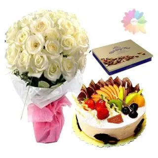 Bunch of 10 white roses with Mix fruit premium quality cake with box of assorted chocolates 
