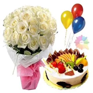 Bunch of 10 white roses with mixfruit fresh cream cake with 3 blown balloons 