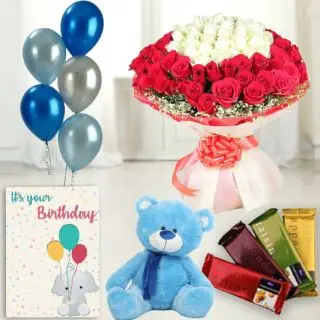 100 red and white roses,  6 inch teddybear , set of 4 temptations chocolates,birthday greeting card with 5 blown balloons 