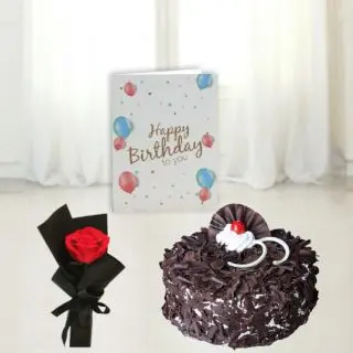 2 kg black forest cool cake, single red rose, birthday greeting card 