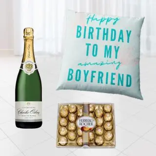 Bottle of champagne , 24 pcs rocher ferrero chocolates, photo cushion