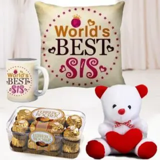 Photo cushion with photo mug , 16 pcs of Ferrero rocher chocolates, 6 inch teddybear 