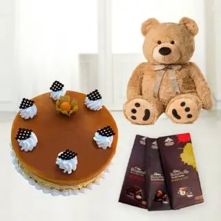butterscotch cake with 1 feet height Teddy Bear with set of 3 bournville chocolates