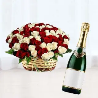 Basket arrangement of 50 red and white roses with bottle of champegne