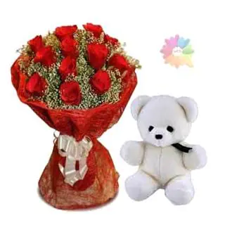 15 red roses with 6 inch white teddy bear