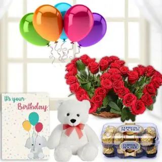 Twin heart shape Arrangement of 30 red roses, 6 inch white teddybear, basket of kitkat chocolates, birthday Greeting card with 5 blown balloons 