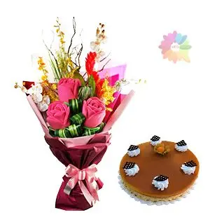 Bunch of Beautiful mix flowers with 1 kg butterscotch cake