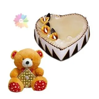 2 feet height brown colour teddy bear carrying 24 pcs ferrero rocher chocolate box with heart shape butterscotch fresh cream premium quality cake 