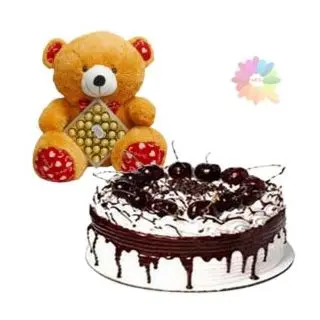 2 feet height brown teddy bear carrying 24 pcs ferrero rocher chocolates with black forest cake 