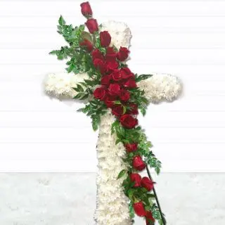 2 feet height funeral cross with red roses in centre
