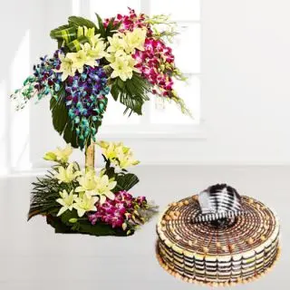 2 feet height exclusive arrangement of orchids and lilies with butterscotch cool cake 