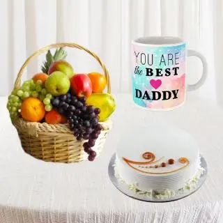 2 kg assorted fruits basket, half kg vanilla cake, photo mug 