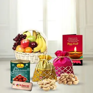 Seasonal fruits basket,Gulab jamun, half kg Cashew & Pistachio with Diwali greeting card 