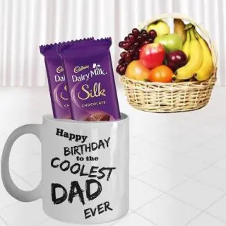 2 kg seasonal fruits basket , photo mug with 2 dairy milk silk 