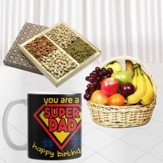 2 kg seasonal fruits basket, photo mug with half kg assorted dry fruits 