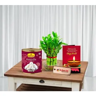 2 layer lucky Bamboo plant , box of Rasgulla with Diwali greeting card 