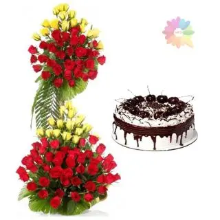 2 storey arrangement of 100 red and yellow roses with 1 kg black forest cake