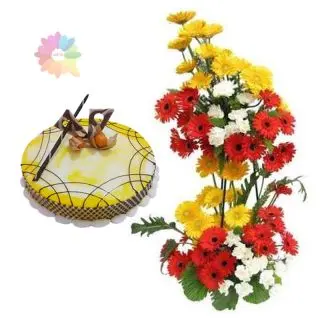 2 storey arrangement of mix colour gerberas of 3 feet height with 1 kg pineapple cake