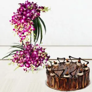 2 storey exclusive arrangement with  2 feet height full of lavender orchids with premium irish coffee cake 