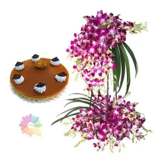 2 storey Exotic arrangement of lavender orchids of 2 feet height with 1 kg butterscotch fresh cream cake