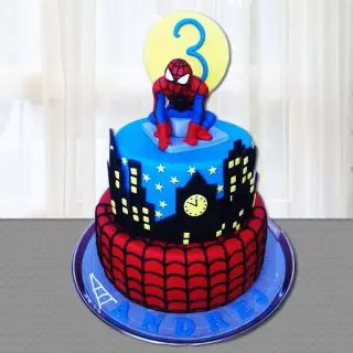2 storey spiderman fondant theme cake with 3 kg weight in  pineapple flavour 