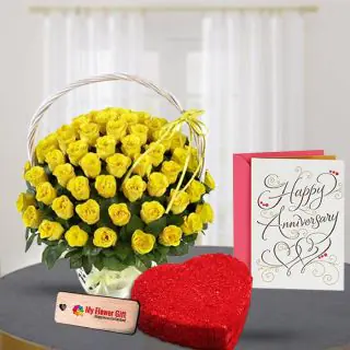 50 yellow roses basket arrangement with 1 kg heart shape red velvet cake with anniversary greeting card 