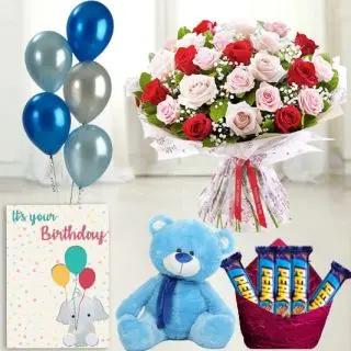 20 red and pink roses, 6 inch teddybear , set of 5 perk  chocolates,birthday greeting card with 5 blown balloons 