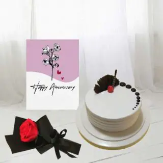 Half kg vanilla cool cake, Single red rose, anniversary card 