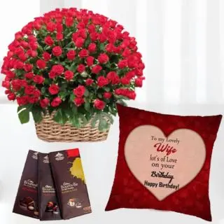 Basket of 100 red roses , set of 3 bournville chocolates with photo cushion 